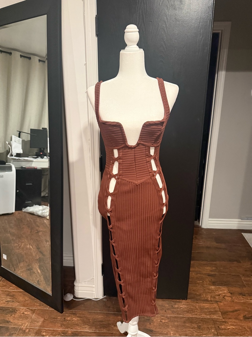 Fashion Nova Brown Ribbed Cutout Midi Dress